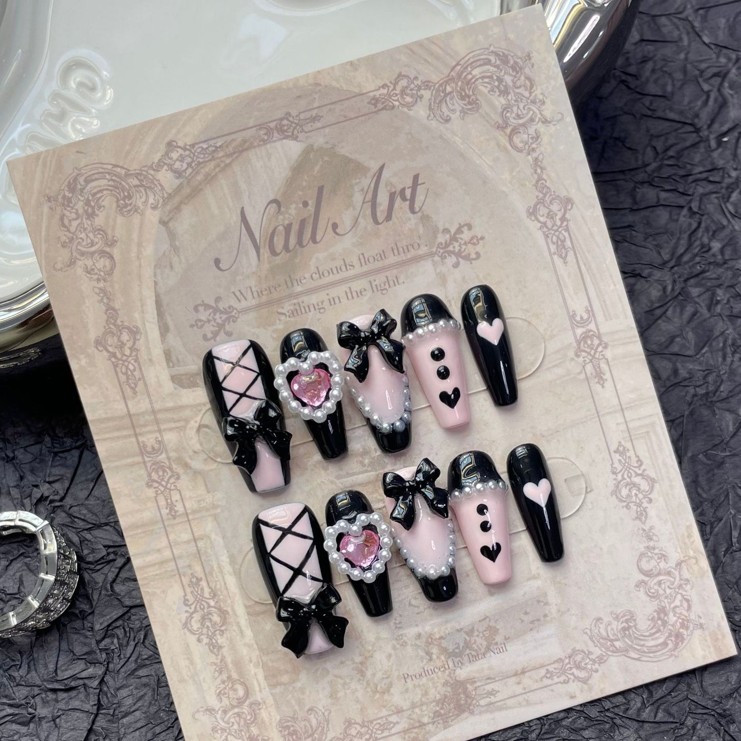 Black & Pink Bow Heart Handmade Nails