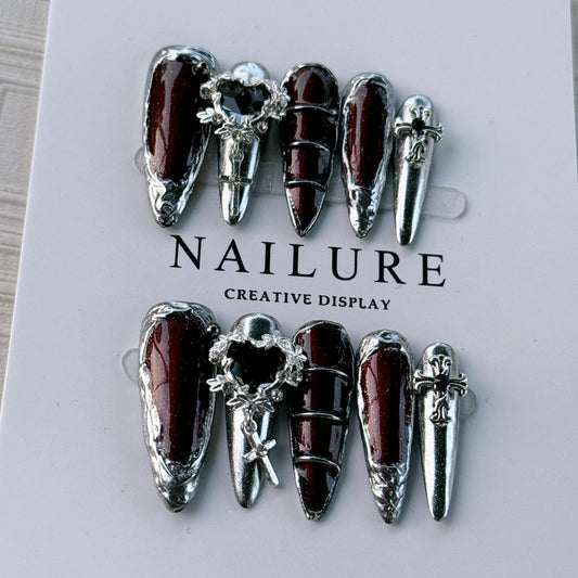 High quality Silver & Red Pointed hand-made nail art